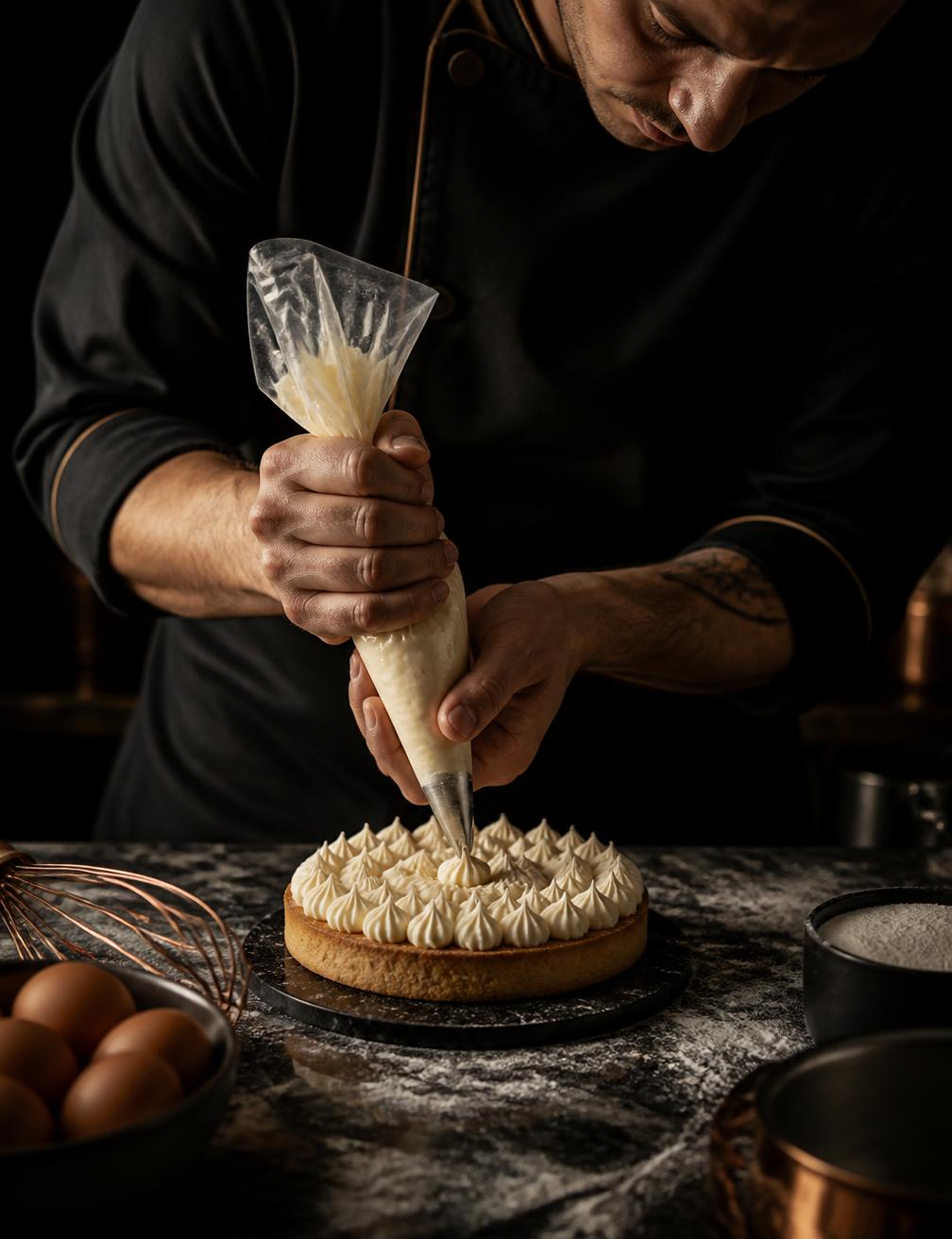 Poslastičar ručno ukrašava tart u ateljeu 11 Tarts